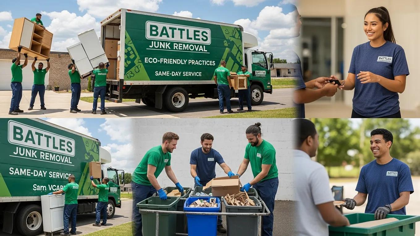 Battles Junk Removal team members loading furniture into a green truck, showcasing eco-friendly practices and same-day service, with staff interacting with customers and sorting recyclable materials.