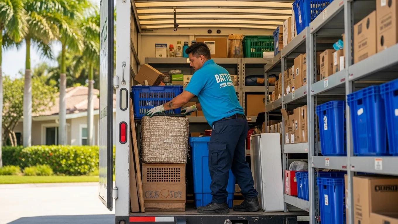 Battle's Junk Removal team member sorting items for recycling and donation inside a truck, emphasizing eco-friendly junk disposal practices in Palmetto Bay.