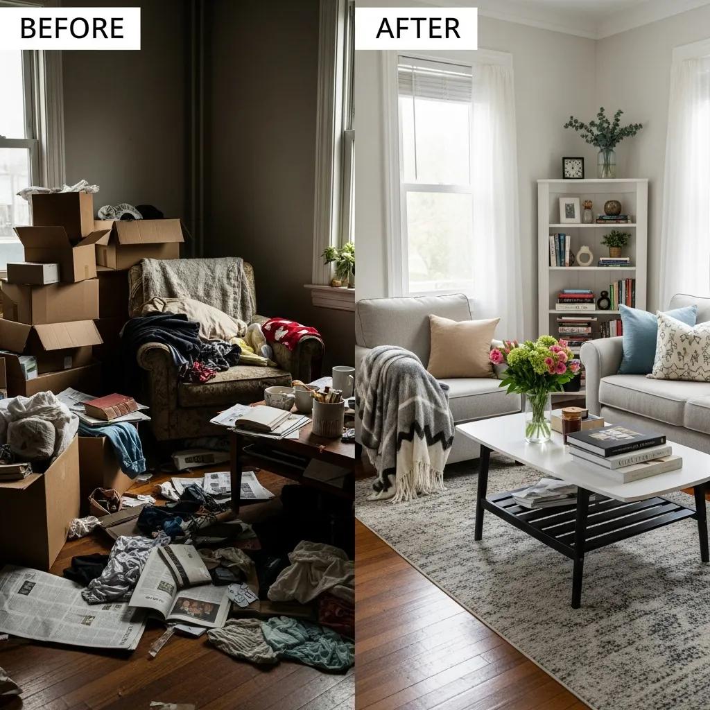 Before-and-after image of a living room, showcasing significant decluttering and transformation through residential junk pickup services, highlighting the removal of boxes, clutter, and furniture for a clean, organized space.