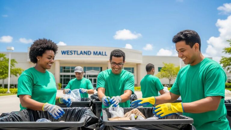 Bilingual eco-friendly junk removal team sorting recyclables outside Westland Mall in Hialeah, promoting sustainable waste management.