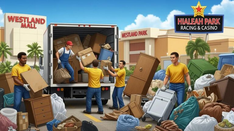 Bilingual junk removal team loading furniture and trash into a truck near Westland Mall in Hialeah, showcasing efficient clutter removal services.