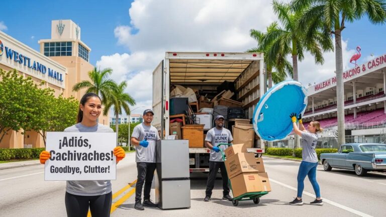 Bilingual junk removal team in Hialeah, Florida, loading clutter into a truck near Westland Mall, featuring a woman holding a sign saying "¡Adiós, Cachivaches! Goodbye, Clutter!"