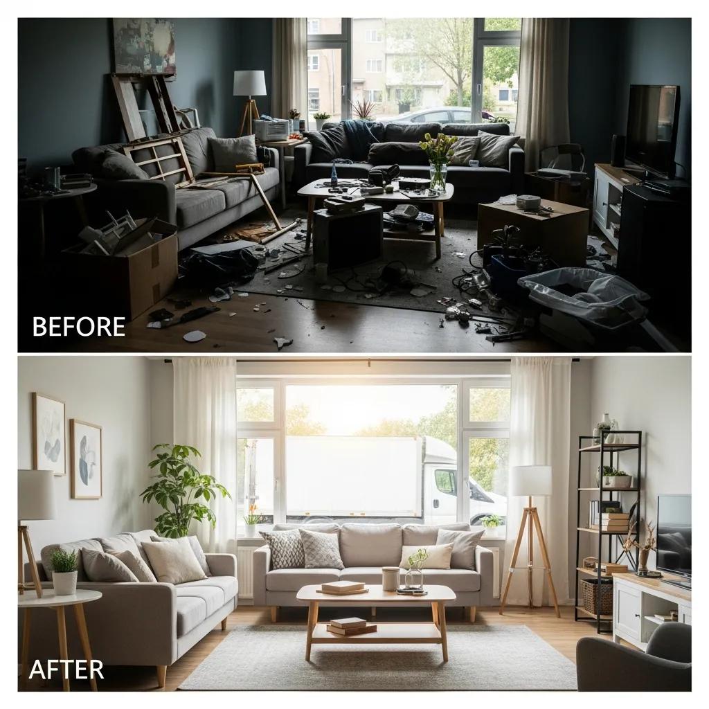 Clutter-free living room after junk removal service, showcasing organized furniture and a clean space, with a hint of a junk removal truck visible outside.