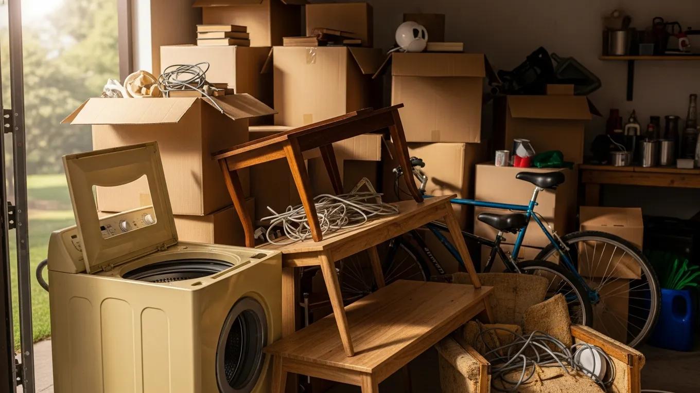 Cluttered residential garage in Palmetto Bay filled with junk items, including boxes, a washing machine, furniture, and a bicycle, highlighting the need for junk removal services.