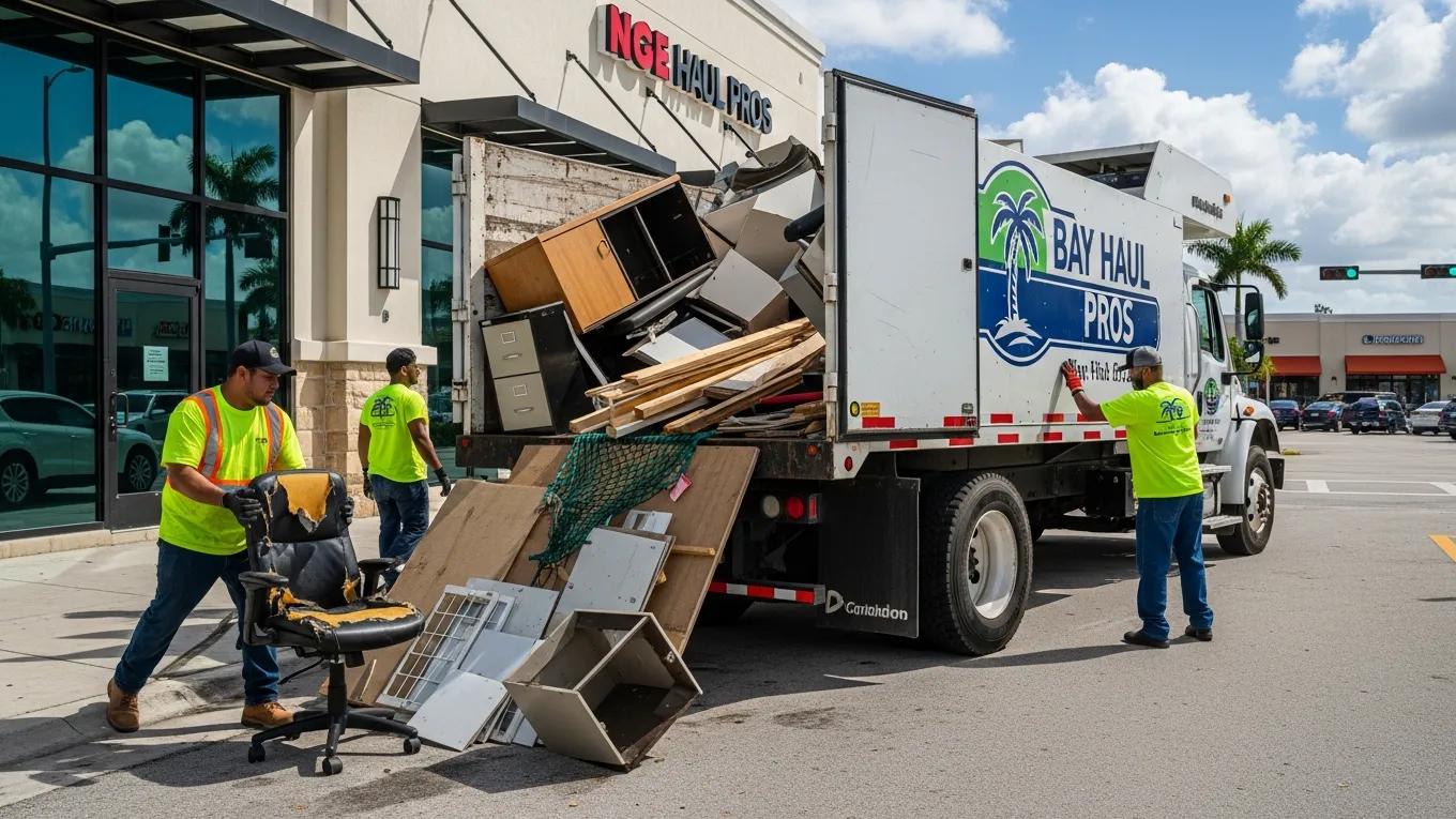 Workers unloading office furniture and debris from a junk removal truck in Palmetto Bay, showcasing commercial junk hauling services for businesses.