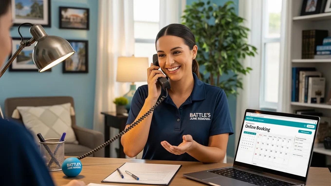Customer service representative from Battle's Junk Removal assisting a homeowner over the phone, showcasing online booking options on a laptop in a welcoming office setting.