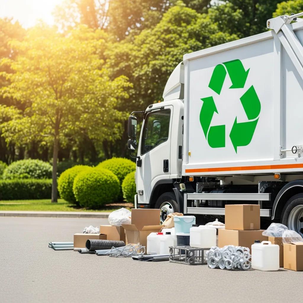 Eco-friendly junk removal practices with recycling symbol and truck, highlighting sustainable disposal methods