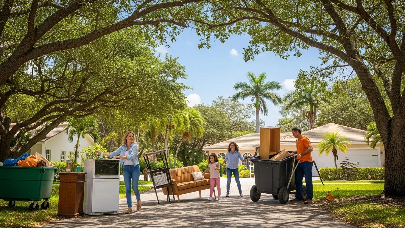Family engaging in residential junk removal in a lush Palmetto Bay neighborhood, featuring a woman with appliances, children playing, and a man loading a cart with furniture.