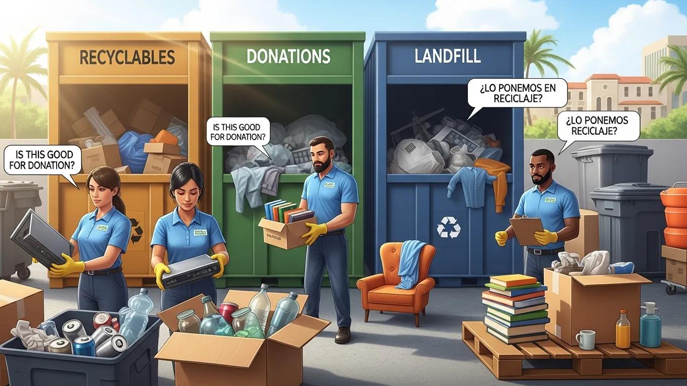 Junk removal team sorting items into recyclables, donations, and landfill bins, showcasing eco-friendly practices and commitment to sustainability.