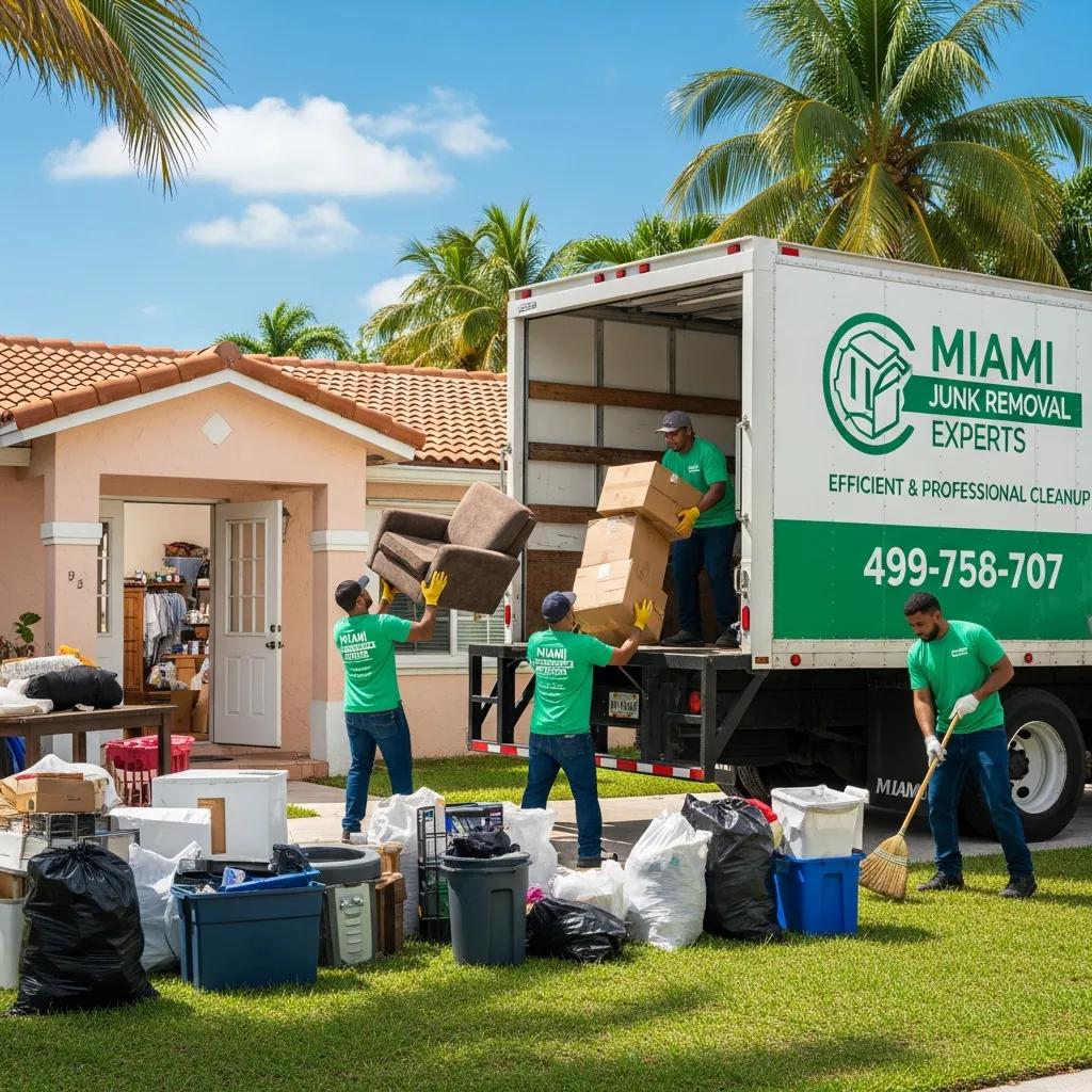 Junk removal truck and workers loading items from a hoarder house, highlighting professional cleanup services