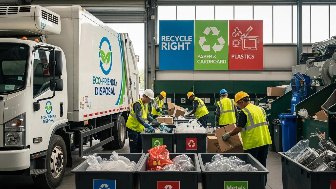Junk removal truck at recycling facility with workers sorting materials, emphasizing eco-friendly disposal practices in Palmetto Bay.