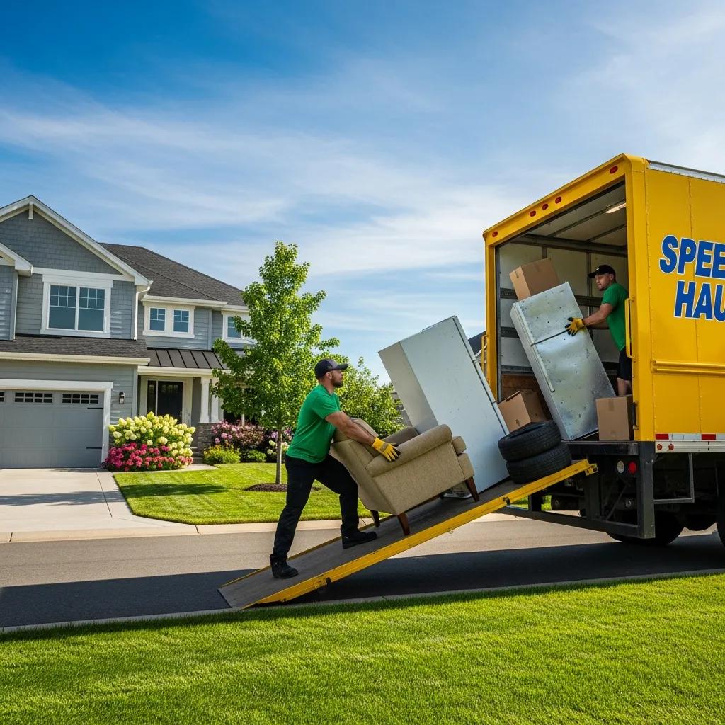 Workers loading a couch and other items into a yellow junk removal truck outside a residential home, illustrating same-day junk hauling services.