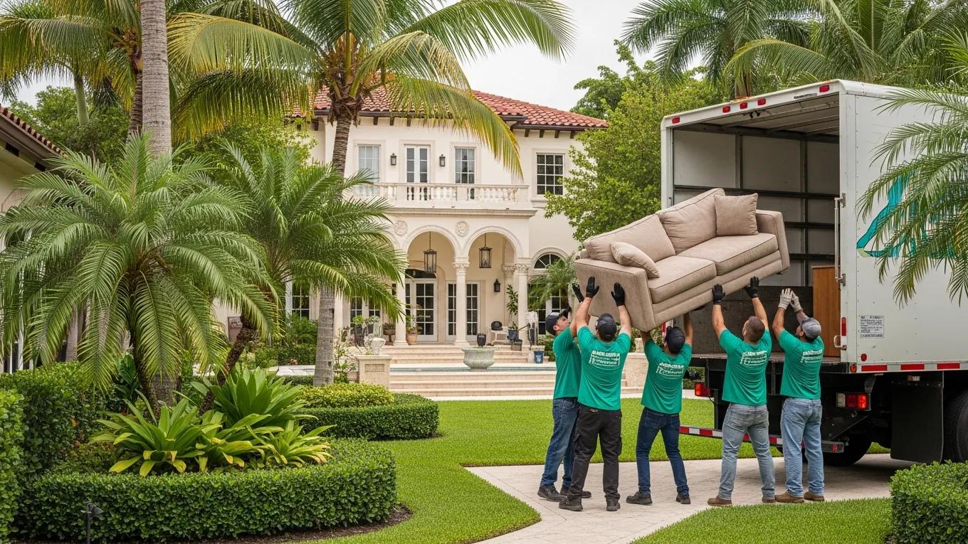 Professional junk removal team lifting a sofa from a truck in a landscaped backyard, showcasing efficient service in Palmetto Bay, Miami.
