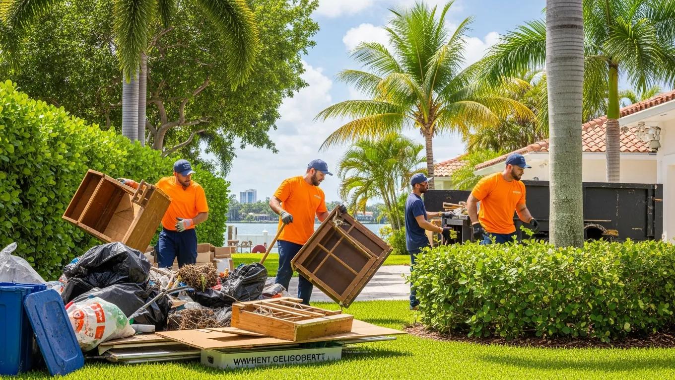 Professional junk removal team clearing clutter, including furniture and debris, in a tropical residential yard in Palmetto Bay, FL, showcasing eco-friendly junk removal services.