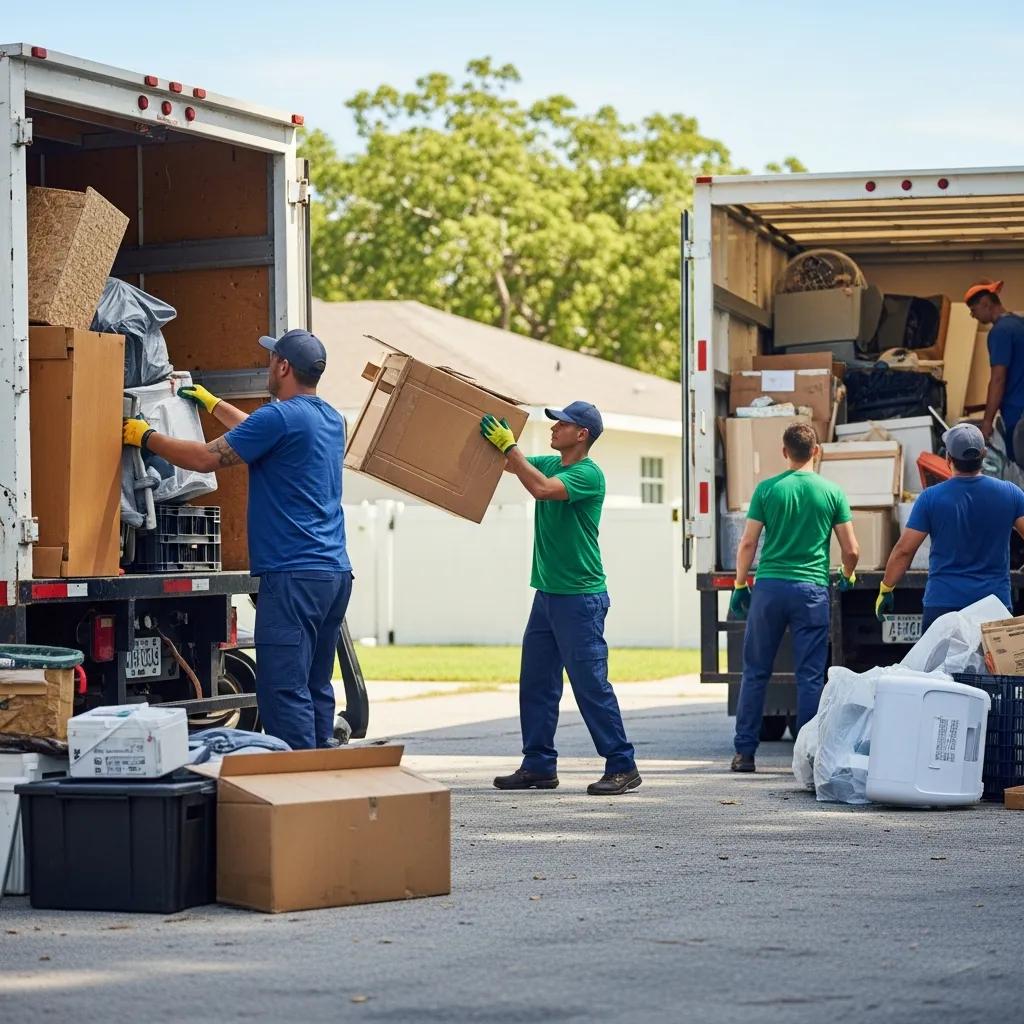 Professional junk removal team efficiently loading boxes and clutter into trucks in Hialeah, FL, showcasing eco-friendly services.