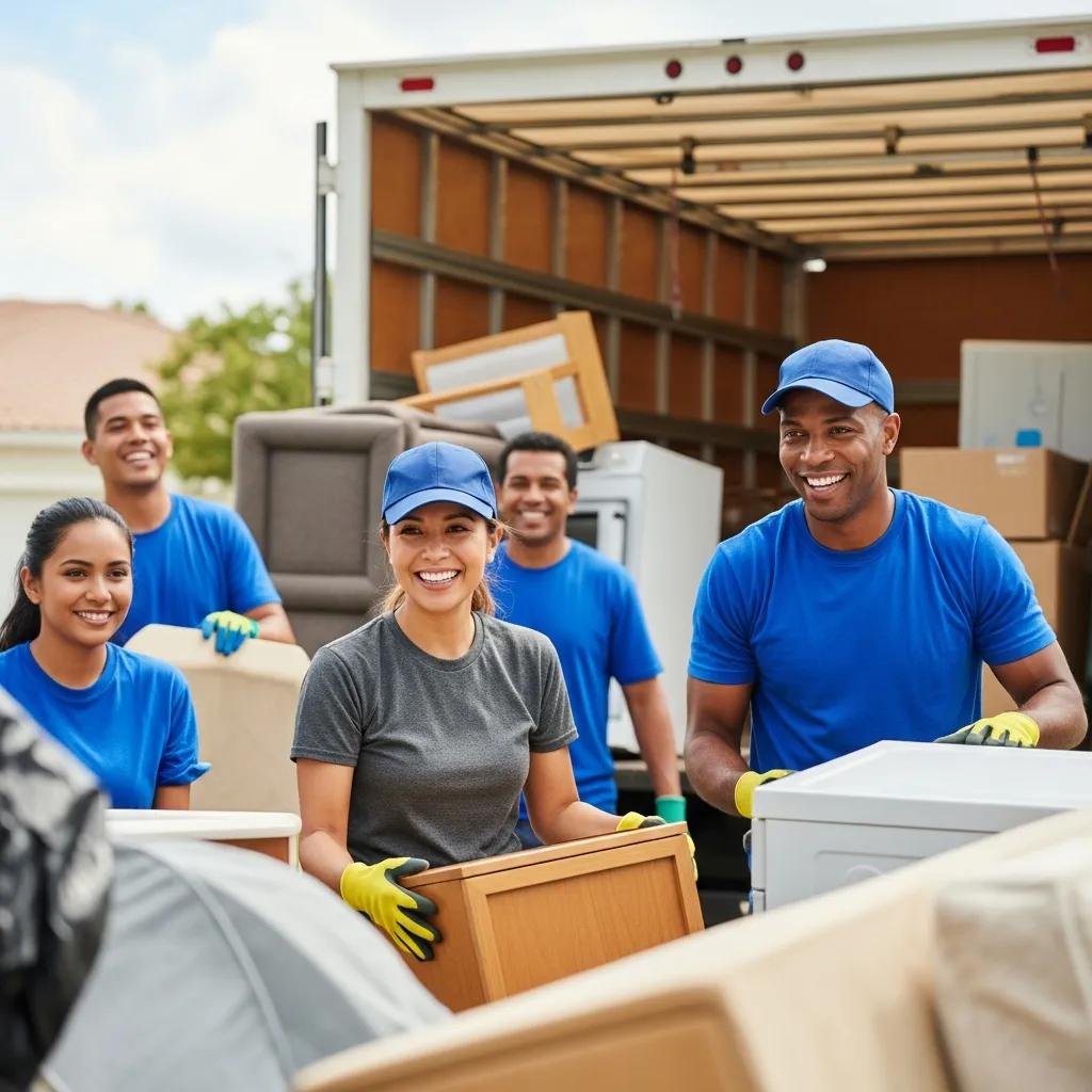 Professional junk removal team smiling and carrying furniture in Kendall, FL, showcasing efficient decluttering services.