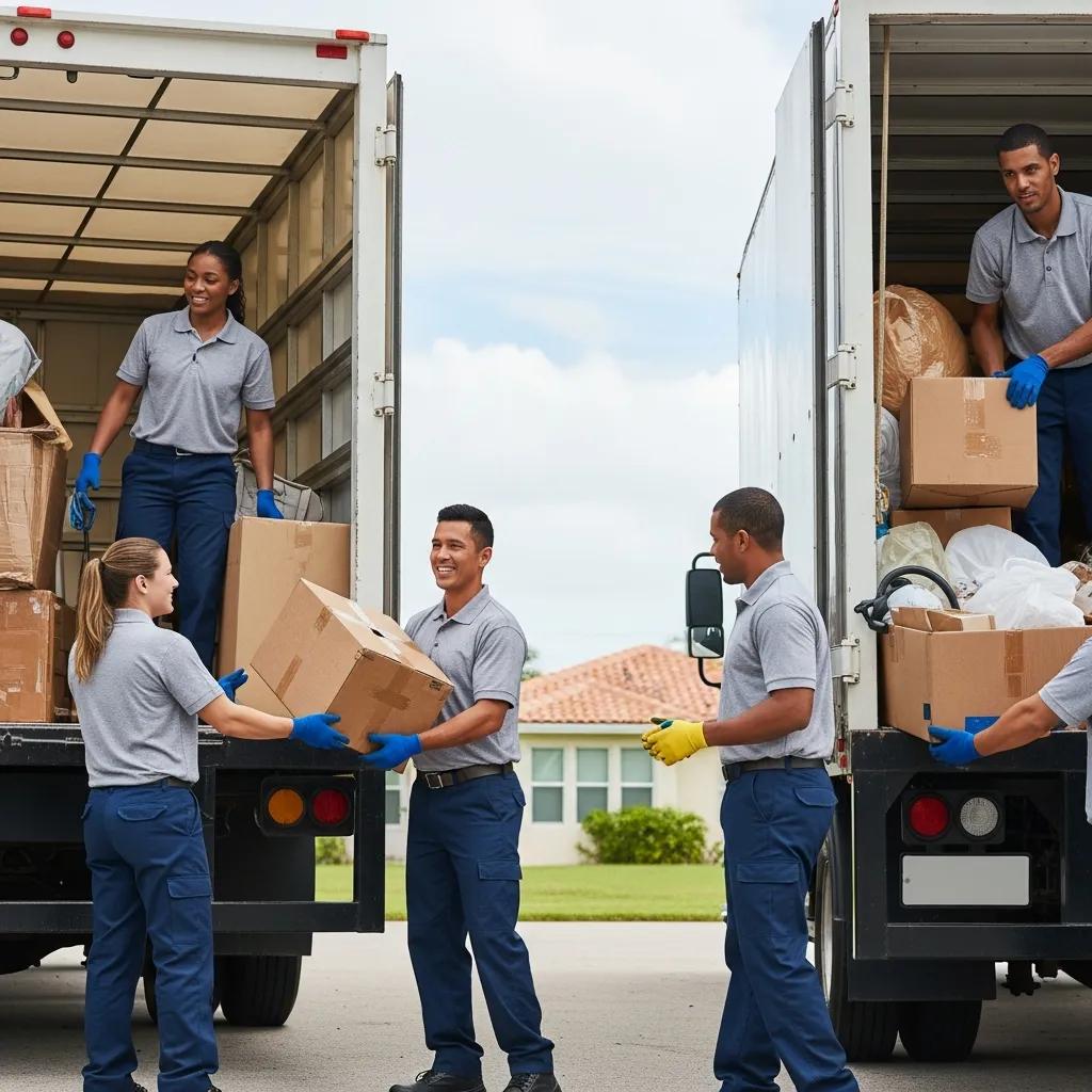 Professional junk removal team loading boxes into trucks in a residential area of Homestead, FL, showcasing efficient decluttering services.