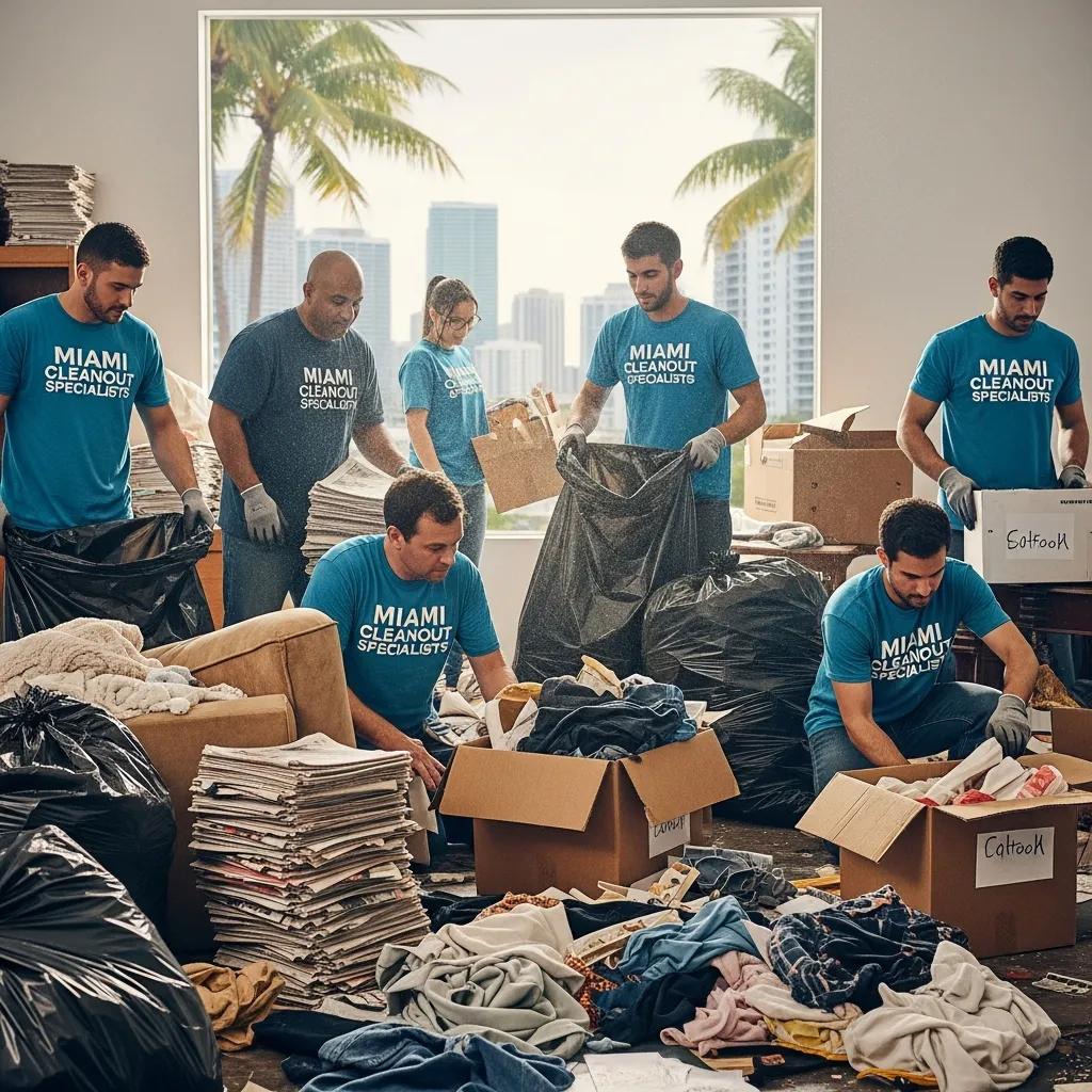 Professional team cleaning a hoarder house in Miami, showcasing clutter and organization efforts