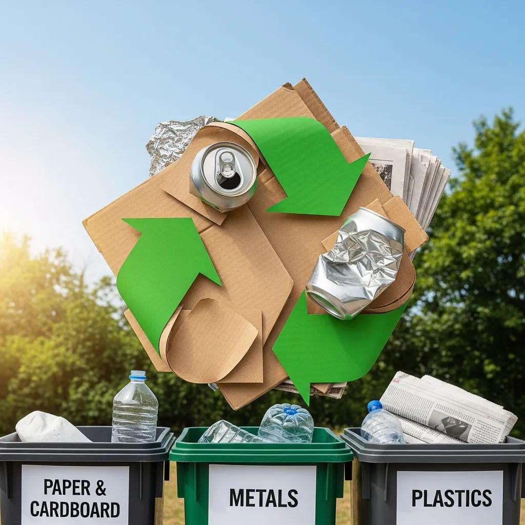 Recyclable materials including paper, cardboard, metals, and plastics being sorted in bins, emphasizing eco-friendly junk removal and responsible waste management practices.