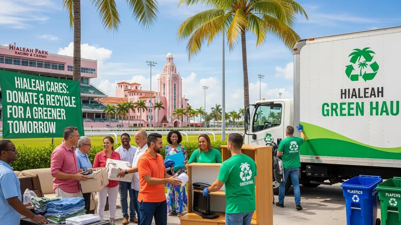 Residents of Hialeah donating items to charity at a community event, promoting eco-friendly practices, with a sign reading "HIALEAH CARES: DONATE & RECYCLE FOR A GREENER TOMORROW" and a Hialeah Green Haul truck in the background.