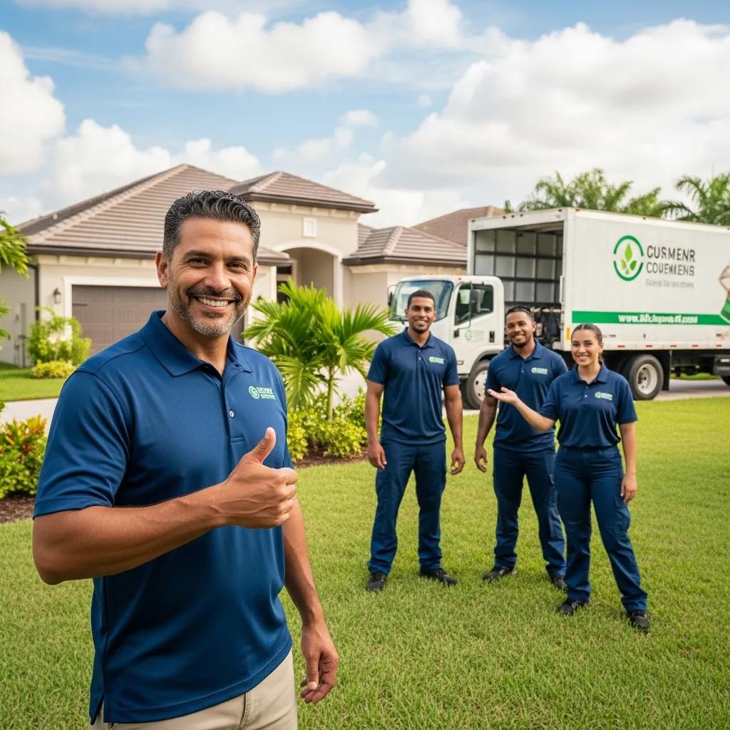 Satisfied customer giving a thumbs up with a junk removal team in Doral, FL, showcasing professionalism and customer service.