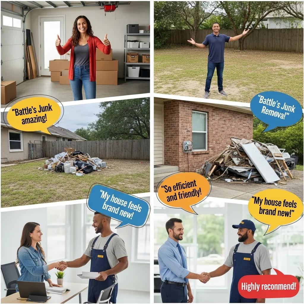 Satisfied customers expressing positive feedback about Battle's Junk Removal services in Kendall, featuring a woman giving a thumbs up, a man gesturing happily, a pile of junk in a yard, and two people shaking hands with a service provider.