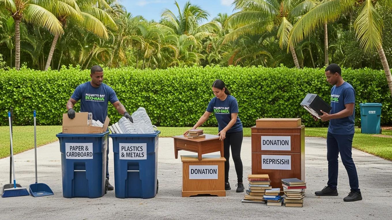 Team practicing eco-friendly junk removal by sorting recyclable materials and donations in Palmetto Bay, featuring labeled bins for paper, cardboard, plastics, and metals, alongside donation boxes.