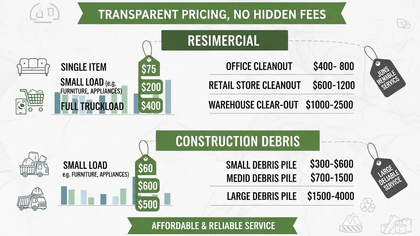 Visual representation of junk removal pricing structures in Hialeah, featuring categories for residential and commercial services, including single item, small load, full truckload, and construction debris pricing, emphasizing transparent pricing and no hidden fees.