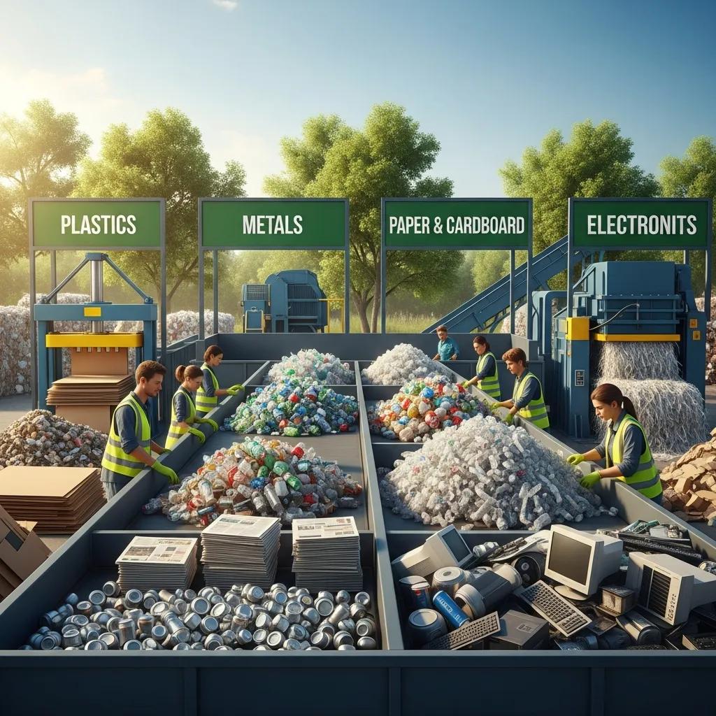 Workers sorting recyclable materials at an eco-friendly junk disposal center in Kendall, FL, focusing on plastics, metals, paper, and electronics.