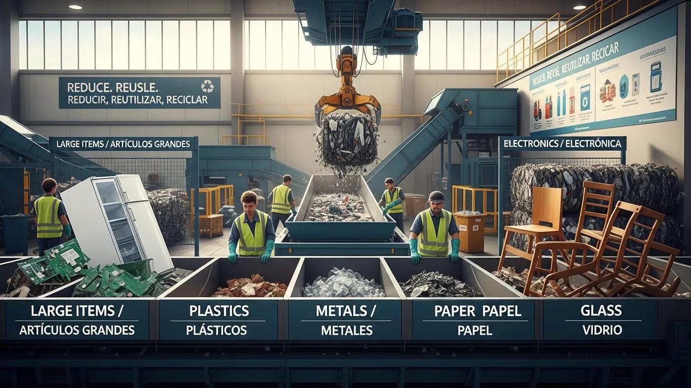 Workers sorting recyclable materials in an eco-friendly facility, with labeled bins for large items, plastics, metals, paper, and glass, emphasizing the recycling process in Hialeah.