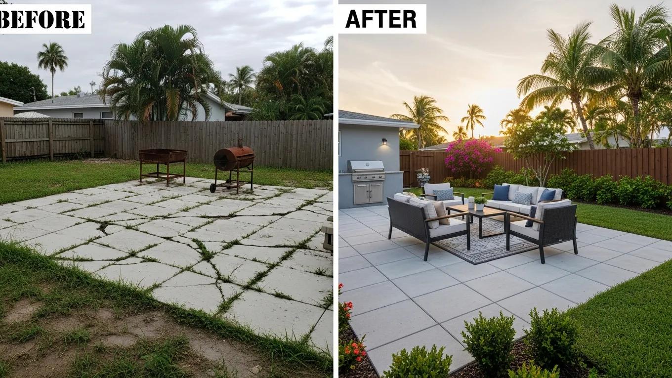 Before-and-after backyard transformation showcasing patio renovation