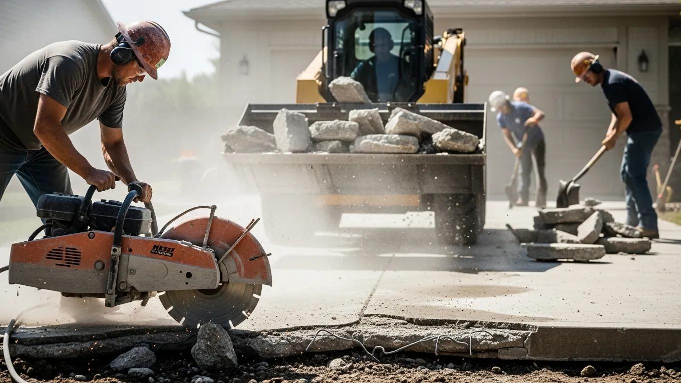 Concrete saw cutting through a driveway slab during demolition, illustrating the driveway removal process