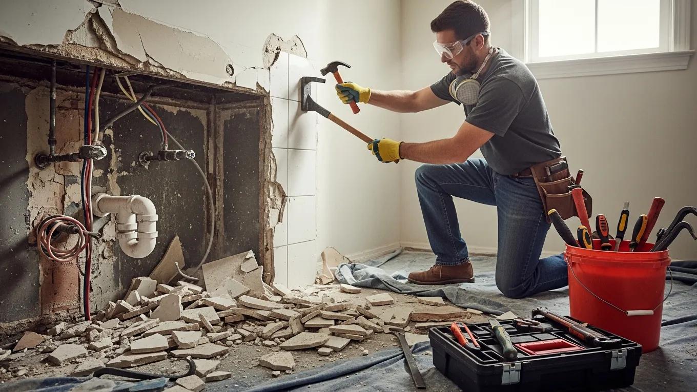 Contractor removing tiles during a bathroom gut-out demolition in Miami