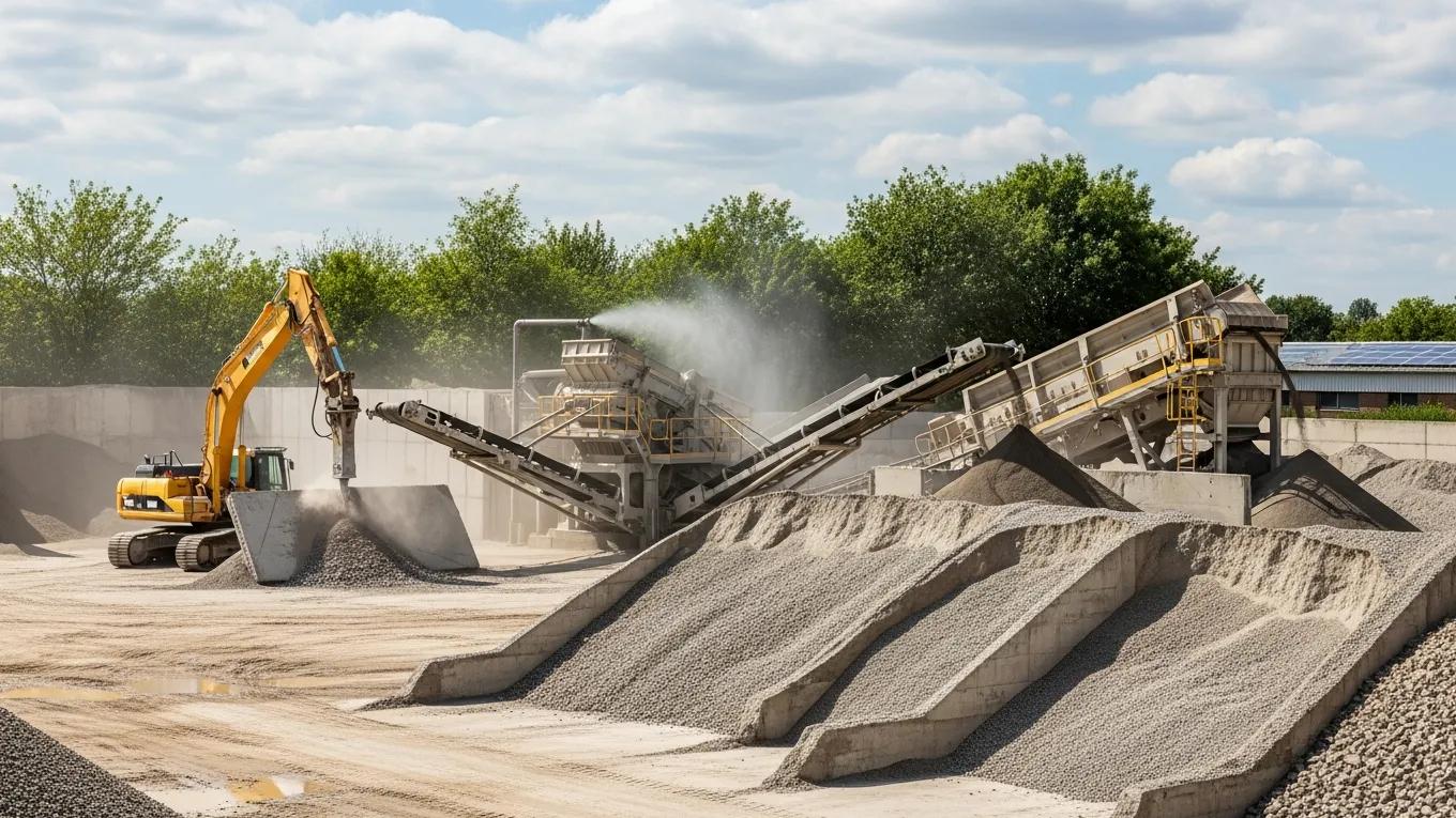 Recycled concrete being processed for eco-friendly disposal, emphasizing environmental benefits of concrete removal