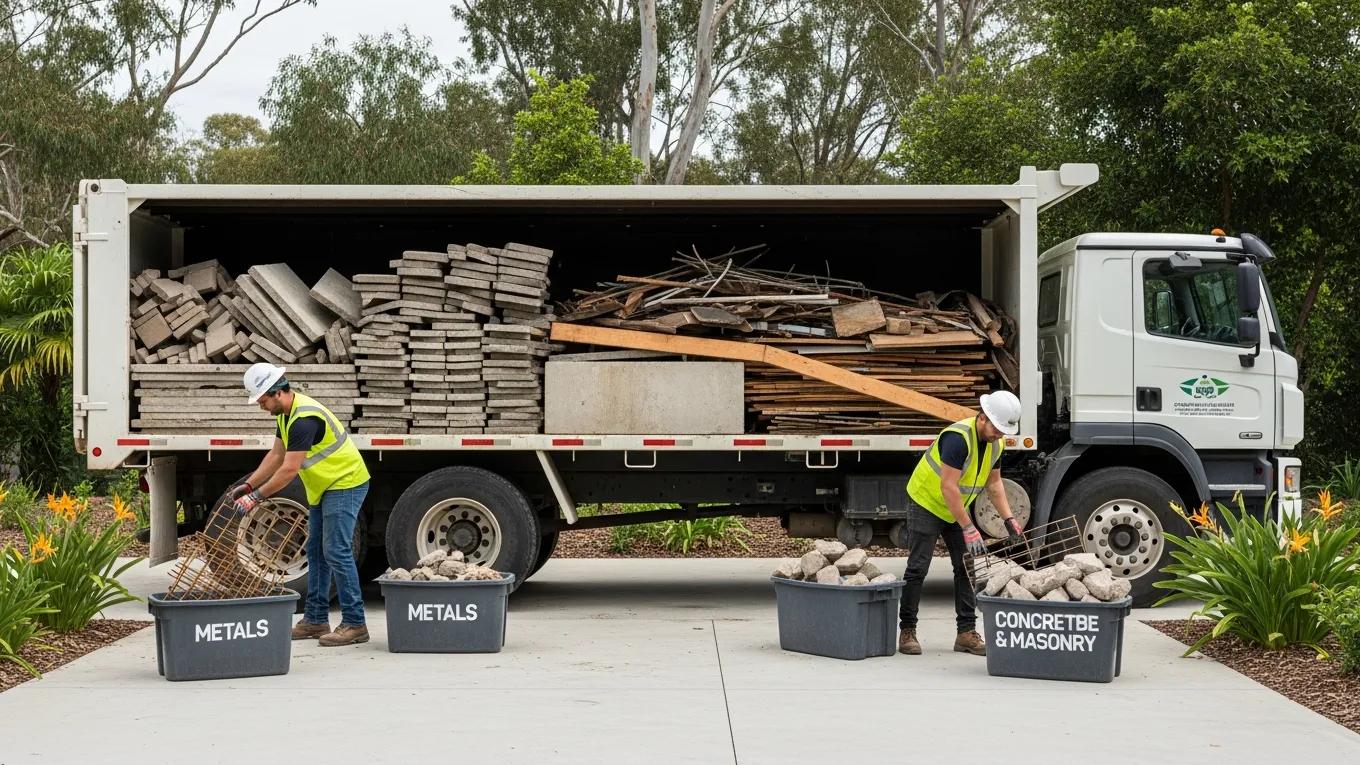 Truck loaded with debris from patio demolition, emphasizing eco-friendly disposal practices