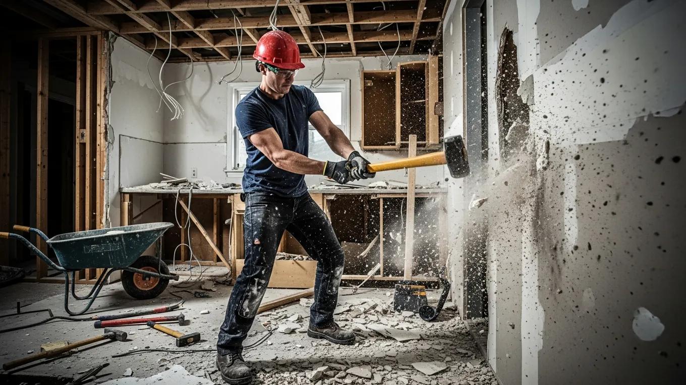 Worker using a sledgehammer during kitchen demolition in a Miami home