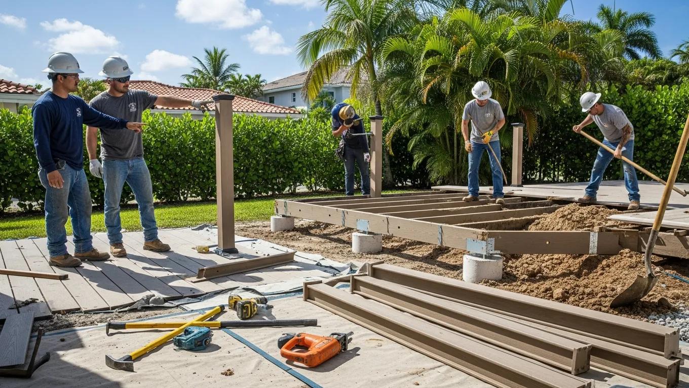 Workers dismantling a composite deck during the demolition process in Miami
