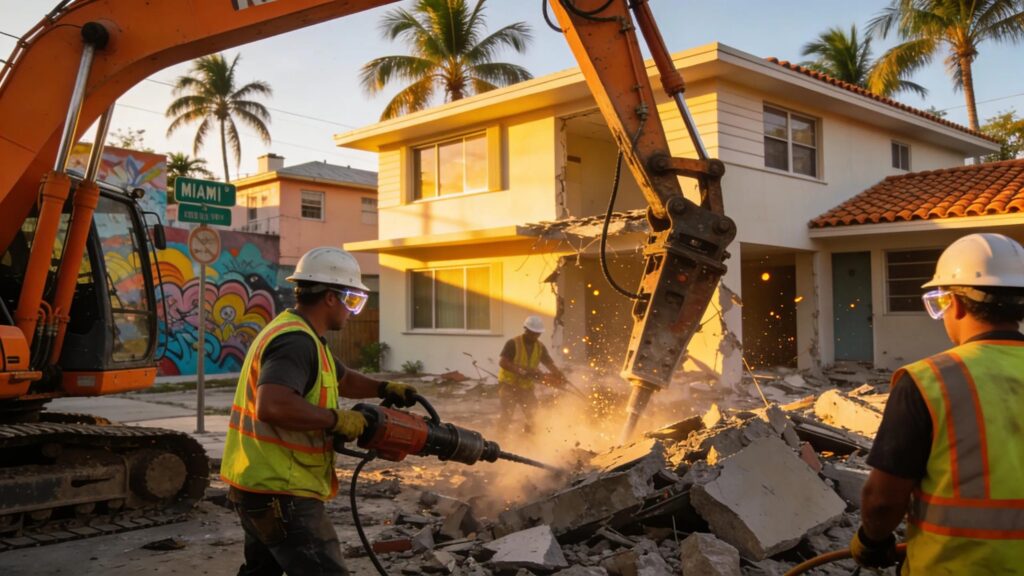 Demolition team working on a residential site in Hialeah, showcasing expertise and local urban environment.