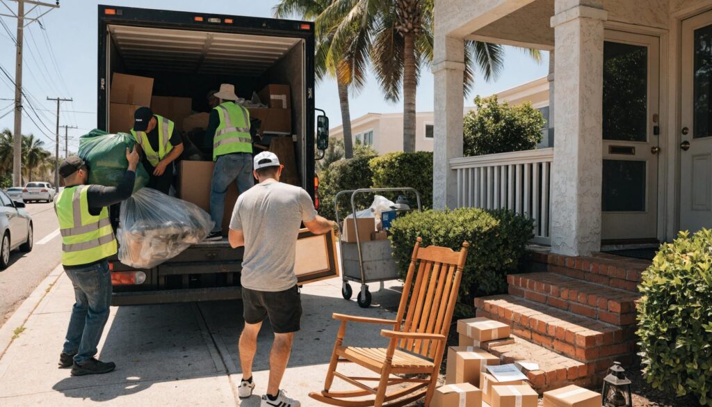 Junk removal crew loading items into a truck in Hialeah with palm trees