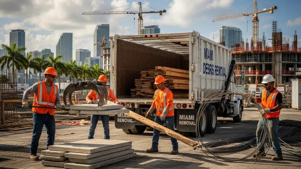 Construction debris removal team in Miami efficiently hauling debris from a construction site