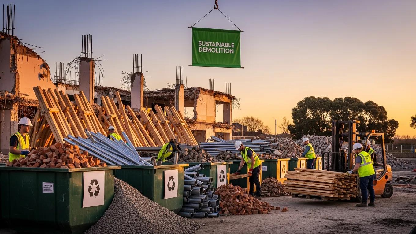 Eco-friendly demolition practices being implemented at a construction site in Homestead, Florida, highlighting sorting and recycling efforts