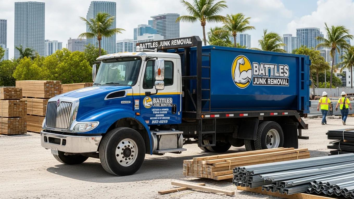 Licensed and insured debris removal truck at a Miami construction site, emphasizing safety and trust