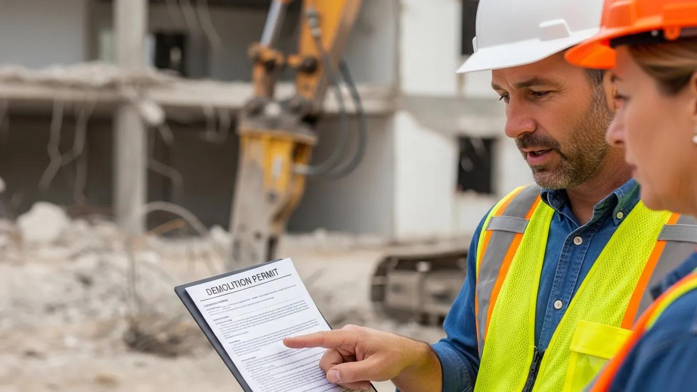 Licensed contractor explaining demolition permits to a homeowner at a construction site