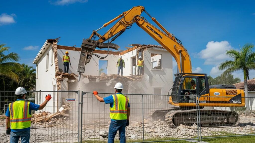 Licensed demolition contractors in Miami safely tearing down a residential structure