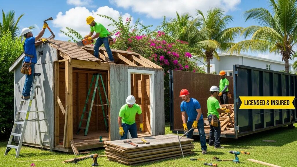 Professional shed removal team working in a Miami backyard