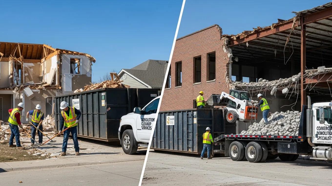Showcasing residential and commercial demolition cleanup services in Homestead, Florida, highlighting contractors and equipment
