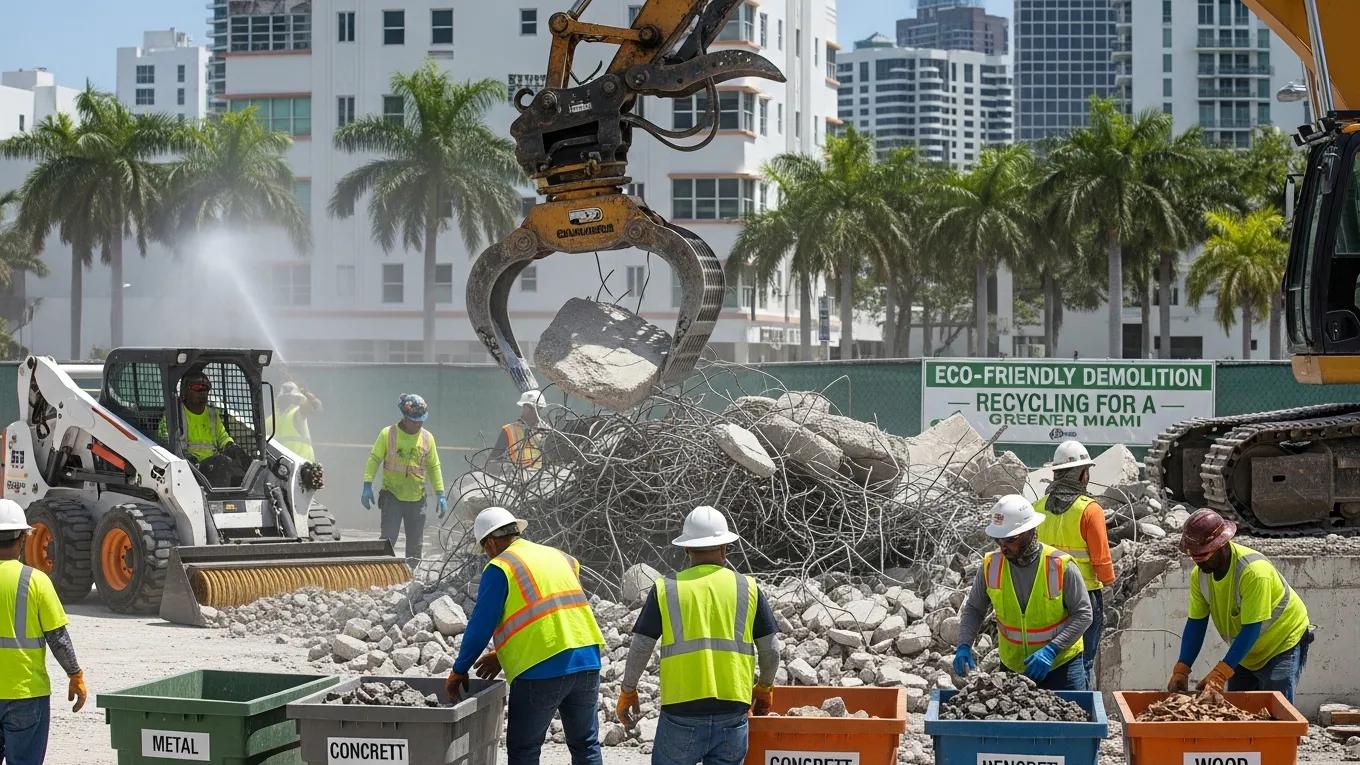 Workers removing debris from a demolition site in Miami, emphasizing eco-friendly practices